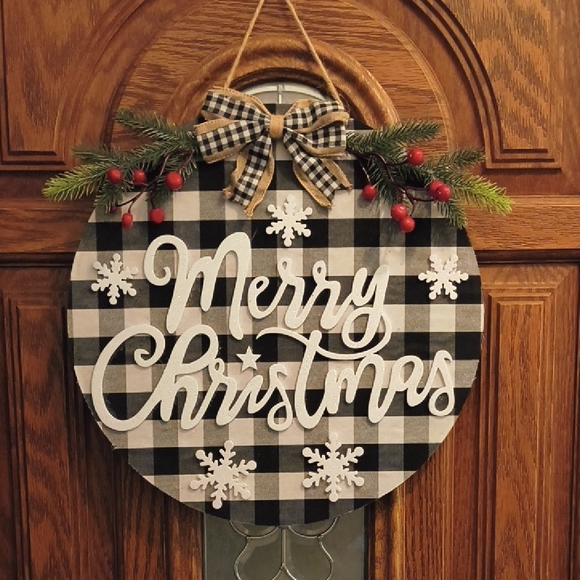 Other - Plaid Merry Christmas Wreath with Bow and Snowflakes
